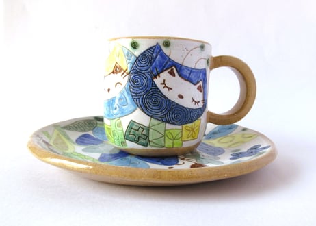安藤喜代子　パッチワークネコのコーヒーカップ＊ブルーC