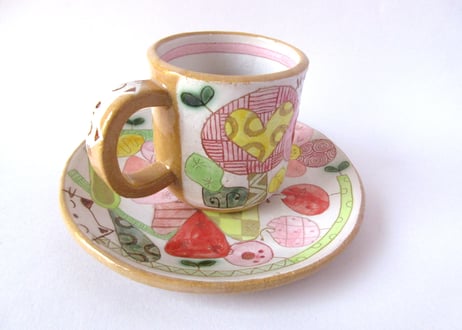 安藤喜代子　パッチワークネコのコーヒーカップ＊ピンクA