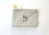 お花と猫の刺繍　リネンのミニポーチ＊うすいグレー