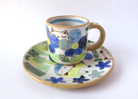 安藤喜代子　パッチワークネコのコーヒーカップ＊ブルーB