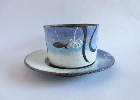 奥田茜　猫のコーヒーカップB＊お魚と猫
