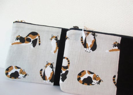 【SALE 1200→1000円！】てぬぐい平ポーチ＊三毛猫（ミケネコ）
