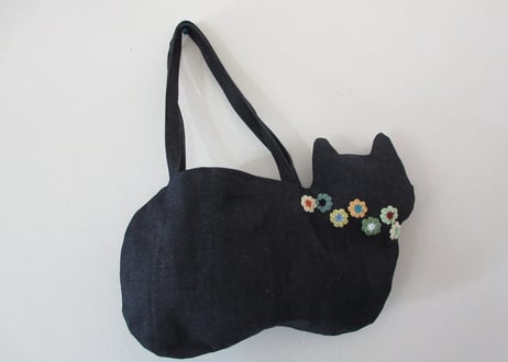 【限定1点のみ】デニムの猫バッグ ショルダータイプ＊お花モチーフ グリーン