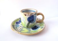 安藤喜代子　パッチワークネコのコーヒーカップ＊ブルーA