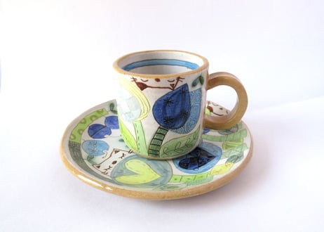 安藤喜代子　パッチワークネコのコーヒーカップ＊ブルーA