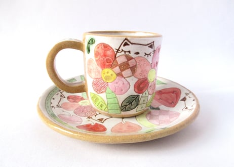 安藤喜代子　パッチワークネコのコーヒーカップ＊ピンクC
