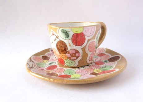 ＊安藤喜代子＊猫とお花のコーヒーカップ＊ピンクD