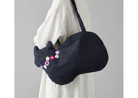 【限定1点のみ】デニムの猫バッグ ショルダータイプ＊お花モチーフ パープル