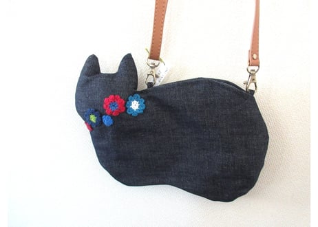 新作＊斜め掛け お花モチーフ仔猫バッグ＊ワイン＆ブルー