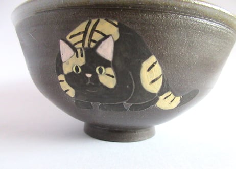 つぐみ製陶所 猫のご飯茶わん＊黒＆茶トラ