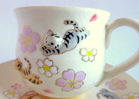 京焼・小手鞠窯 　桜と猫のコーヒーカップ＊茶トラとサバトラ