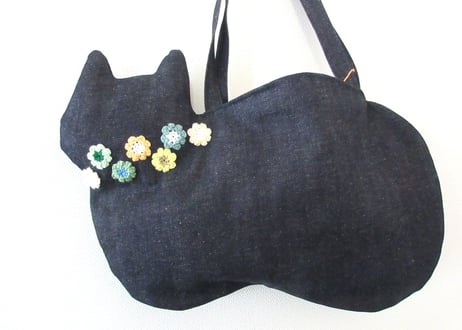 【限定1点のみ】デニムの猫バッグ ショルダータイプ＊お花モチーフ グリーン
