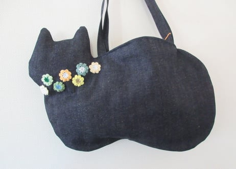 【限定1点のみ】デニムの猫バッグ ショルダータイプ＊お花モチーフ グリーン