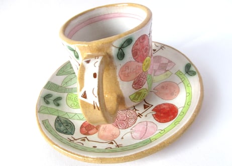 安藤喜代子　パッチワークネコのコーヒーカップ＊ピンクC