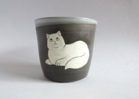 つぐみ製陶所　猫のフリーカップB＊シロネコ