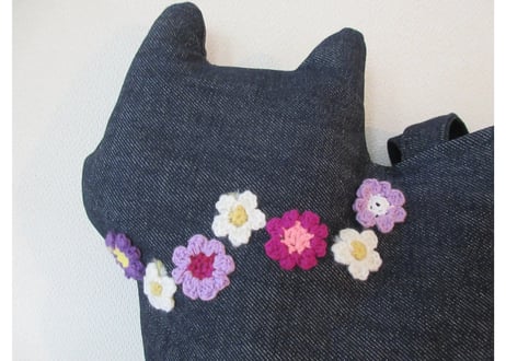 【限定1点のみ】デニムの猫バッグ ショルダータイプ＊お花モチーフ パープル