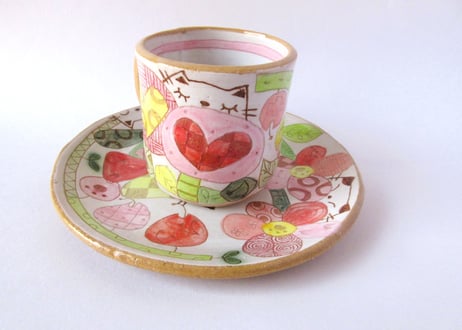 安藤喜代子　パッチワークネコのコーヒーカップ＊ピンクA