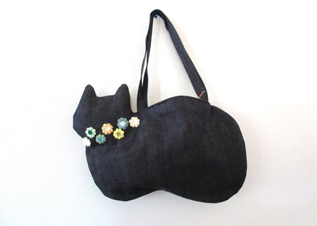 【限定1点のみ】デニムの猫バッグ ショルダータイプ＊お花モチーフ グリーン