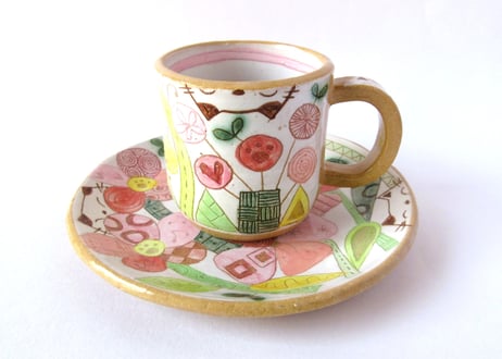 安藤喜代子　パッチワークネコのコーヒーカップ＊ピンクA