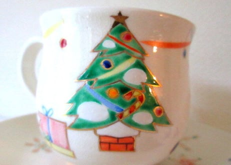 京焼・小手鞠窯 クリスマスのコーヒーカップ＊クリスマスツリーと猫たち