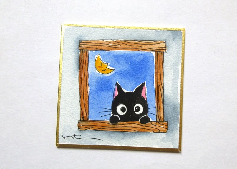 猫の絵　coffeebreak かつきかずお×黒猫ノア 0927＊月と窓から | コーヒー豆と雑貨の店 豆ねこ