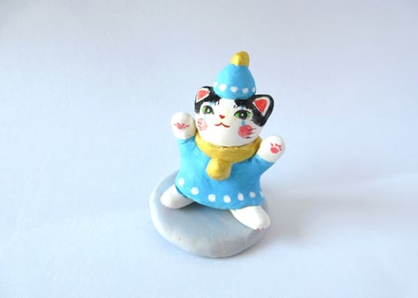 なつめみちこ 猫の置物 ピエロ猫＊ブルー