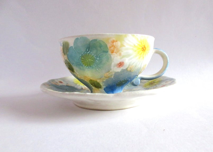 工房ゆずりは お花のカップ＆ソーサー イエローブルー | コーヒー豆と