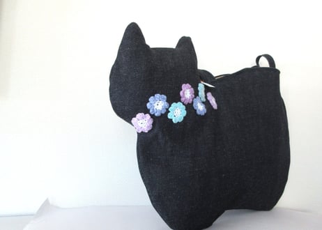 【限定1点のみ】デニムの猫バッグ ショルダータイプ＊お花モチーフ ブルーパープル