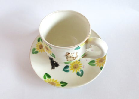 京焼・小手鞠窯 ひまわりのコーヒーカップ＊黒猫とチャトラネコ