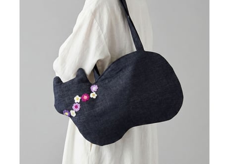 【限定1点のみ】デニムの猫バッグ ショルダータイプ＊お花モチーフ ブルーパープル