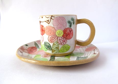 安藤喜代子　パッチワークネコのコーヒーカップ＊ピンクB