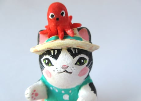 なつめみちこ 猫の置物 海辺の猫＊タコ