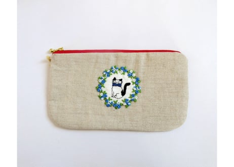 リネン刺繍平ポーチ＊お花と猫A
