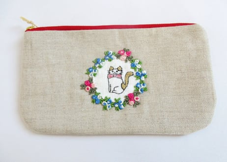 リネン刺繍平ポーチ＊お花と猫D