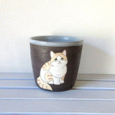 つぐみ製陶所 　猫のフリーカップ＊白茶ネコ
