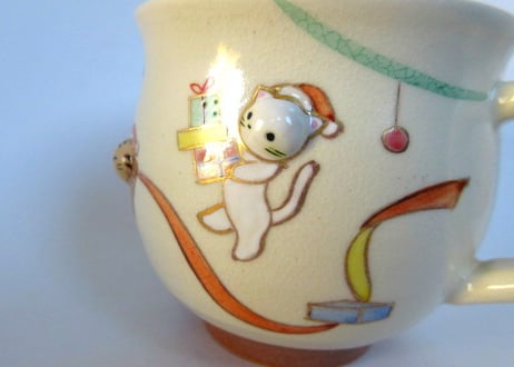 京焼・小手鞠窯 クリスマスのマグカップ＊クリスマスツリーと猫