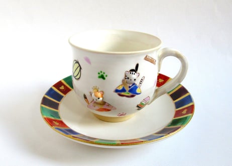 京焼・小手鞠窯 コーヒーカップ＊ぷっくり猫のお雛様 C