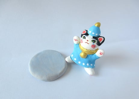 なつめみちこ 猫の置物 ピエロ猫＊ブルー