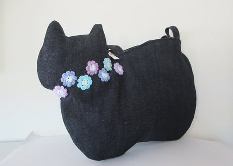 【限定1点のみ】デニムの猫バッグ ショルダータイプ＊お花モチーフ ブルーパープル