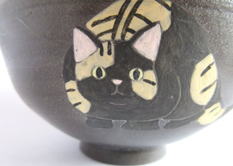 つぐみ製陶所 猫のご飯茶わん＊黒＆茶トラ