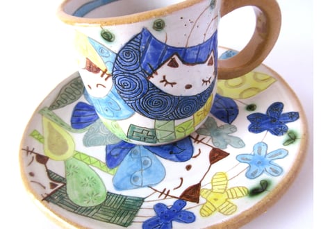 安藤喜代子　パッチワークネコのコーヒーカップ＊ブルーC