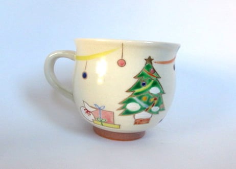 京焼・小手鞠窯 クリスマスのマグカップ＊クリスマスツリーと猫