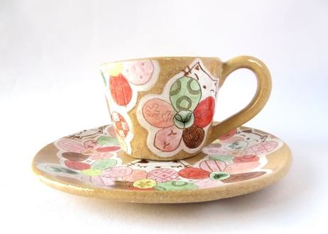 ＊安藤喜代子＊猫とお花のコーヒーカップ＊ピンクD