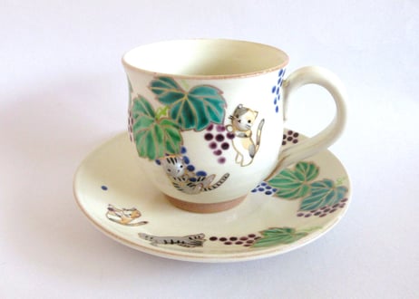 京焼・小手鞠窯 ぶどうのコーヒーカップ＊三毛猫とサバトラネコ
