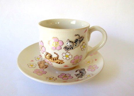 京焼・小手鞠窯 　桜と猫のコーヒーカップ＊茶トラとサバトラ