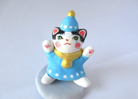 なつめみちこ 猫の置物 ピエロ猫＊ブルー