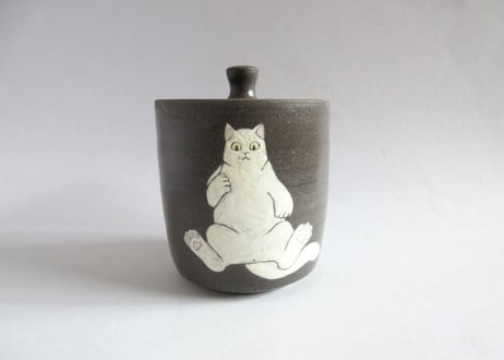 つぐみ製陶所 猫のフタ物A＊シロネコ