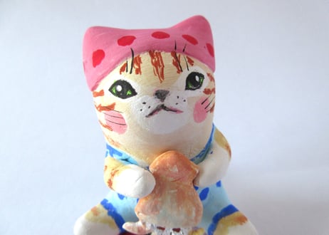 なつめみちこ 猫の置物 海辺の猫＊イカ