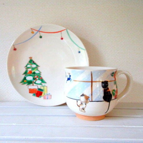 京焼・小手鞠窯 クリスマスのコーヒーカップ＊聖夜の猫たち