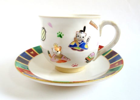 京焼・小手鞠窯 コーヒーカップ＊ぷっくり猫のお雛様 C